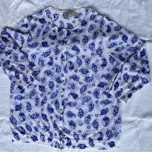 Loft 3/4 sleeve paisley print cardigan indigo and white Size -L